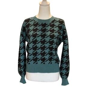 NWOT Loft Sweater Turquoise Black Houndstooth Size XS Crewneck Soft